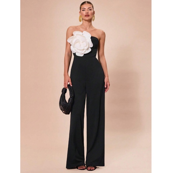 White Flower Strapless Black Elegant Jumpsuit High Waisted Long Wide Leg - Picture 4 of 8
